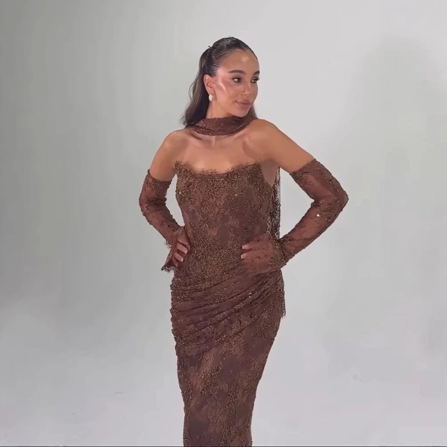 Zapdress Brown Lace Evening Gown Elegant Mermaid Ruched Slim Fit Party Dress for Women DLA73484 Customized (ZD17257)