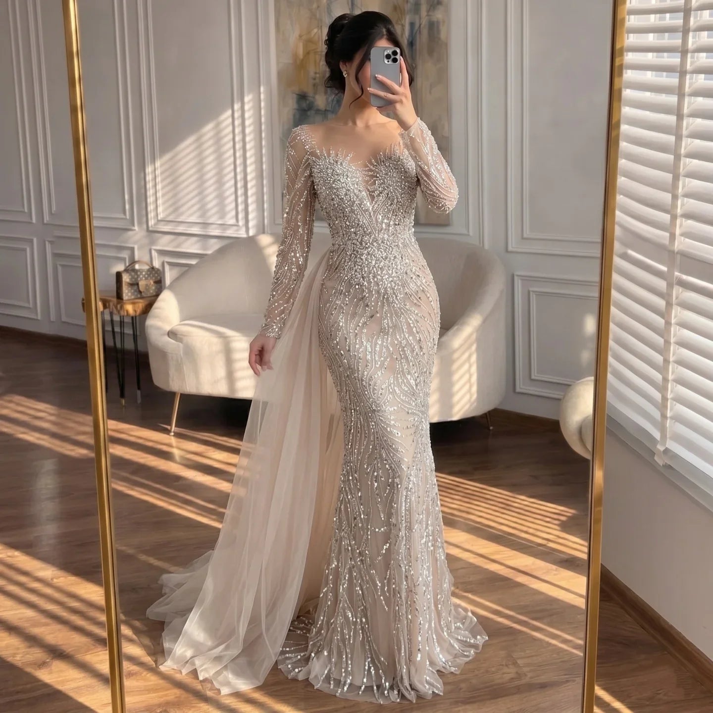 Zapdress White Nude Long Sleeves Mermaid Pearls Beaded Evening Dress with Train Wedding Party Gowns DLA72634A Customized (ZD17262)