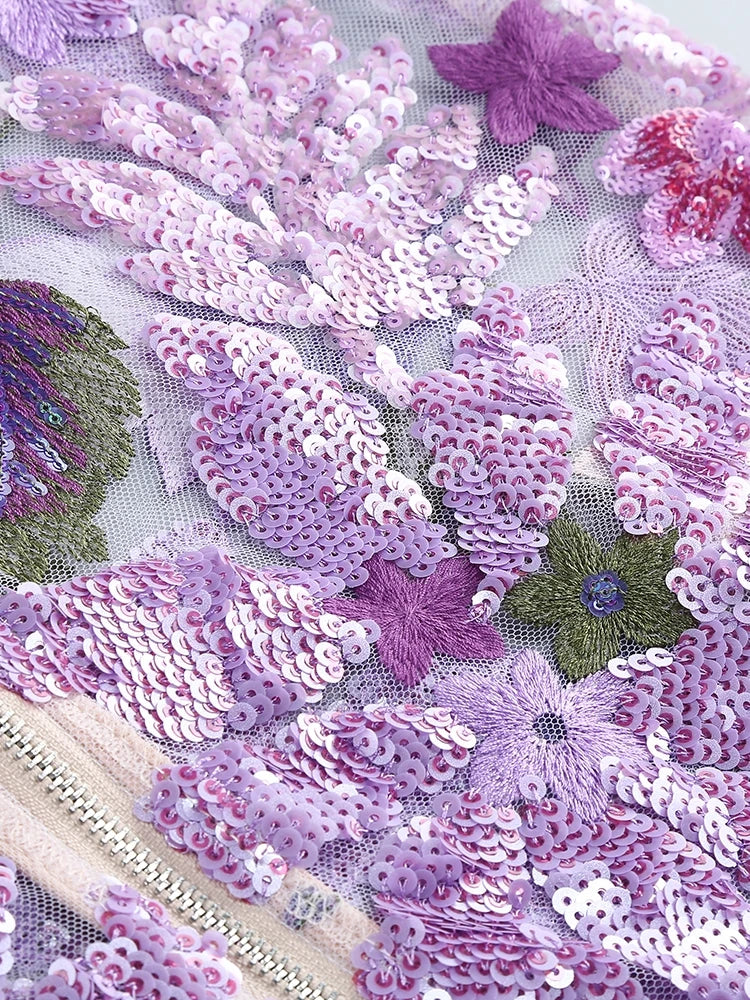Floral - Embellished Sequin Lavender Ankle Length Dress