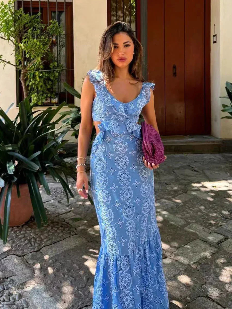 Blue Hollow Out Embroidered Midi Dress Women Summer V Neck Sleeveless Ruffle Long Dresses Elegant Fashion Holiday Vestidos