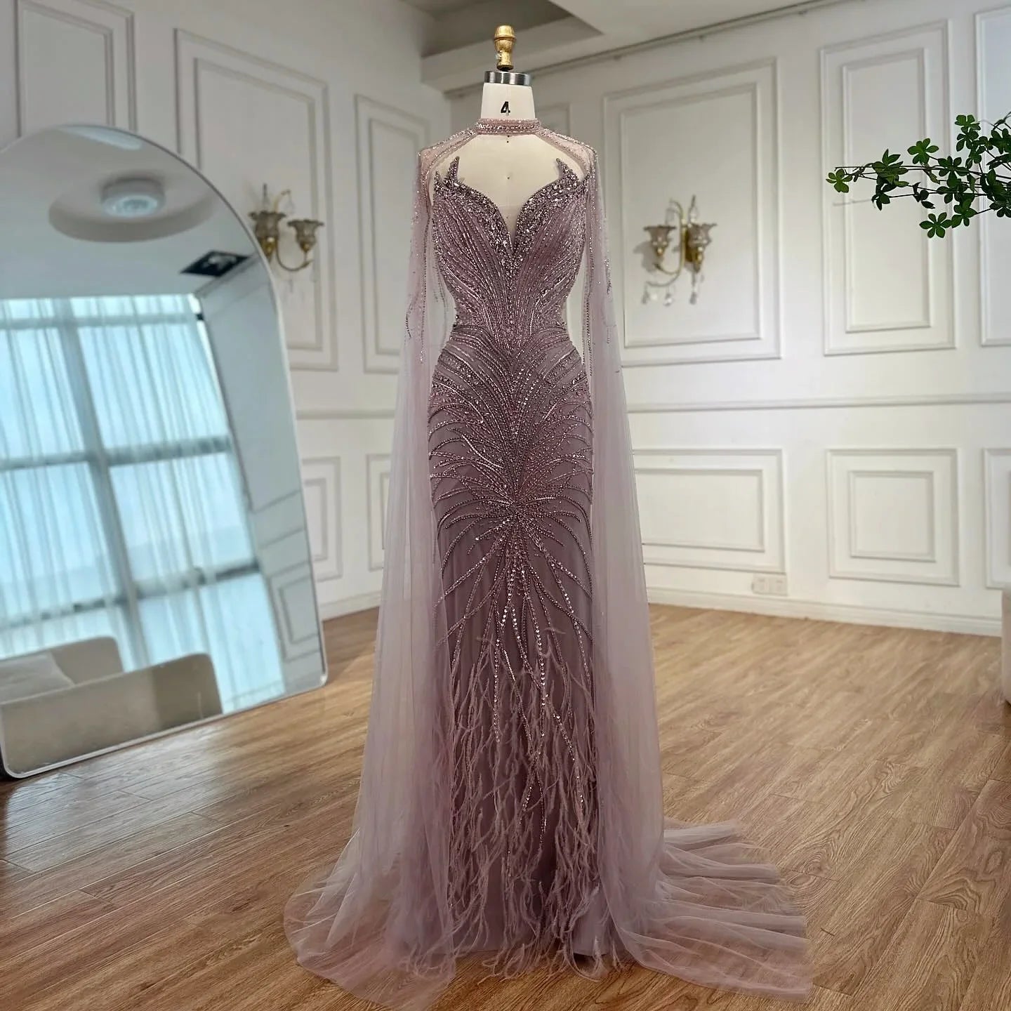 Zapdress White Nude Mermaid Evening Dresses with Cape Beaded Feathers Party Gowns for Formal Occasion Customized (ZD17198)