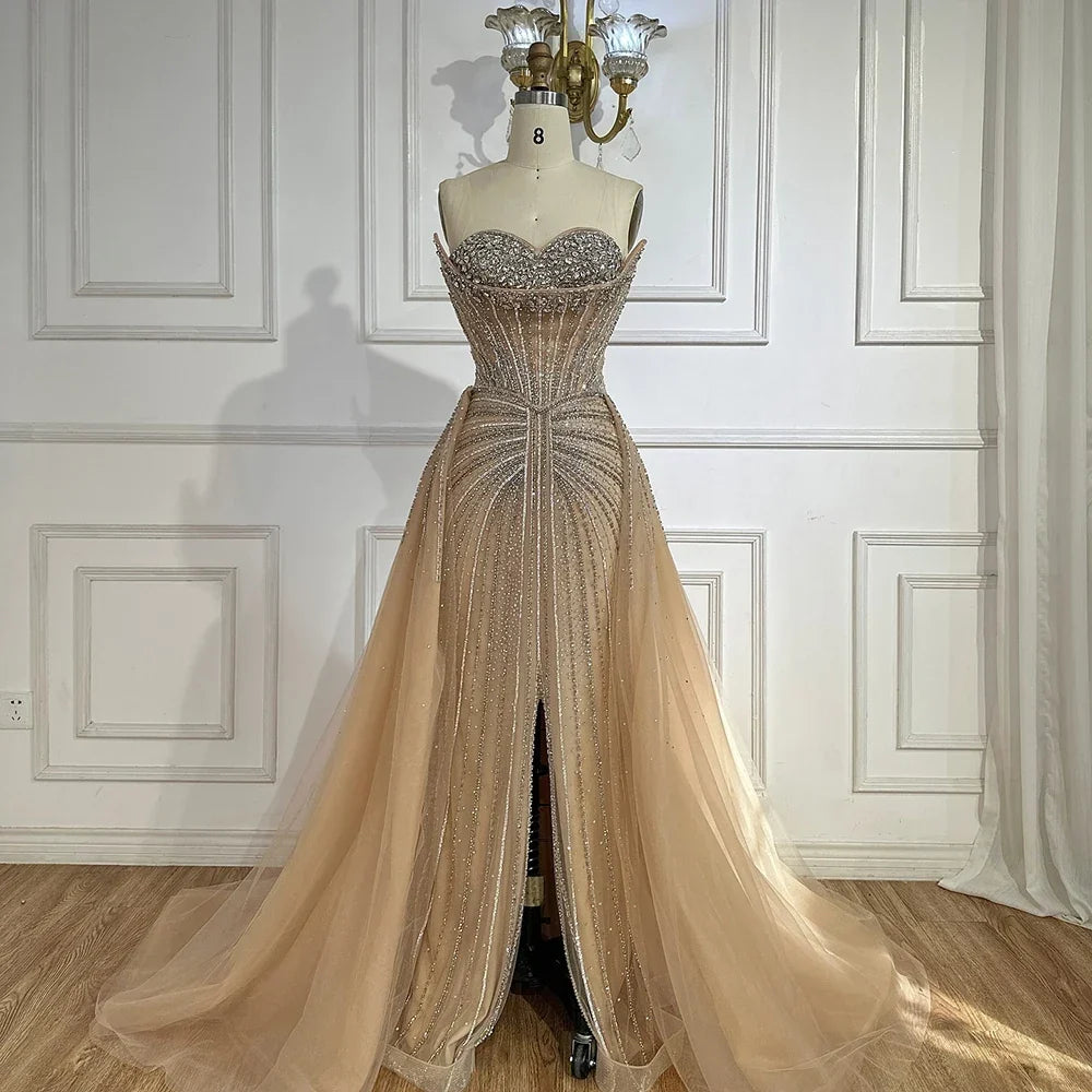 Zapdress Customized 2025 Pink Crystal Beaded Saudi Mermaid Evening Dresses Gowns with Overskirt for Formal Occasion (ZD17225) - VelvetHem