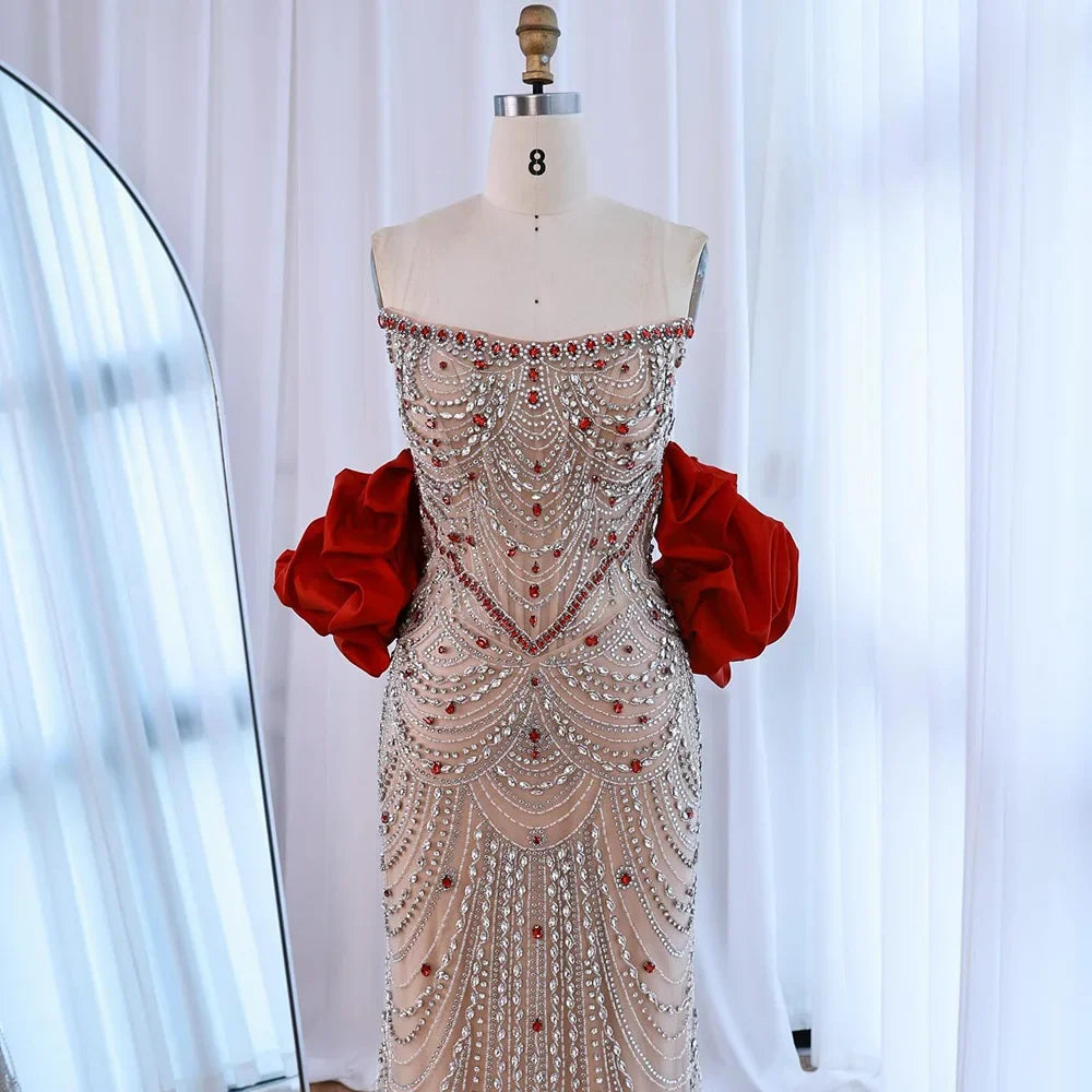 Luxury Beaded Evening Dresses with Elegant Puff Sleeves Pearl Beaded Adorned Design Zapdress DLA72903 Customized (ZD17265)