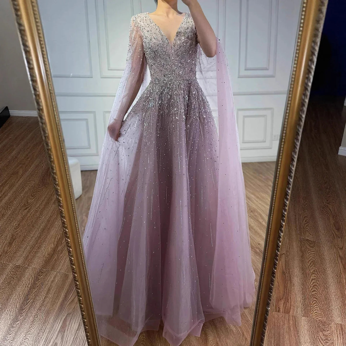 Zapdress 2026 Customized Pink Luxury Beaded A Line Evening Dress with Cape Sleeves Party Gowwns for Wedding Guest (ZD17209) - VelvetHem