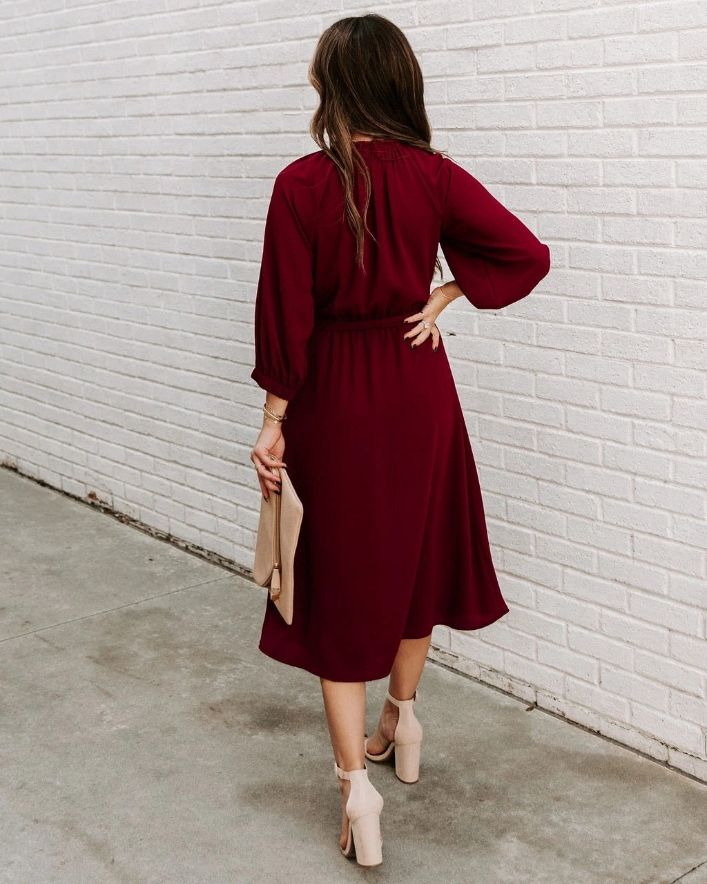 Elegant Office Dress Formal Loose Green Long Sleeve Belt ALine Midi Dresses