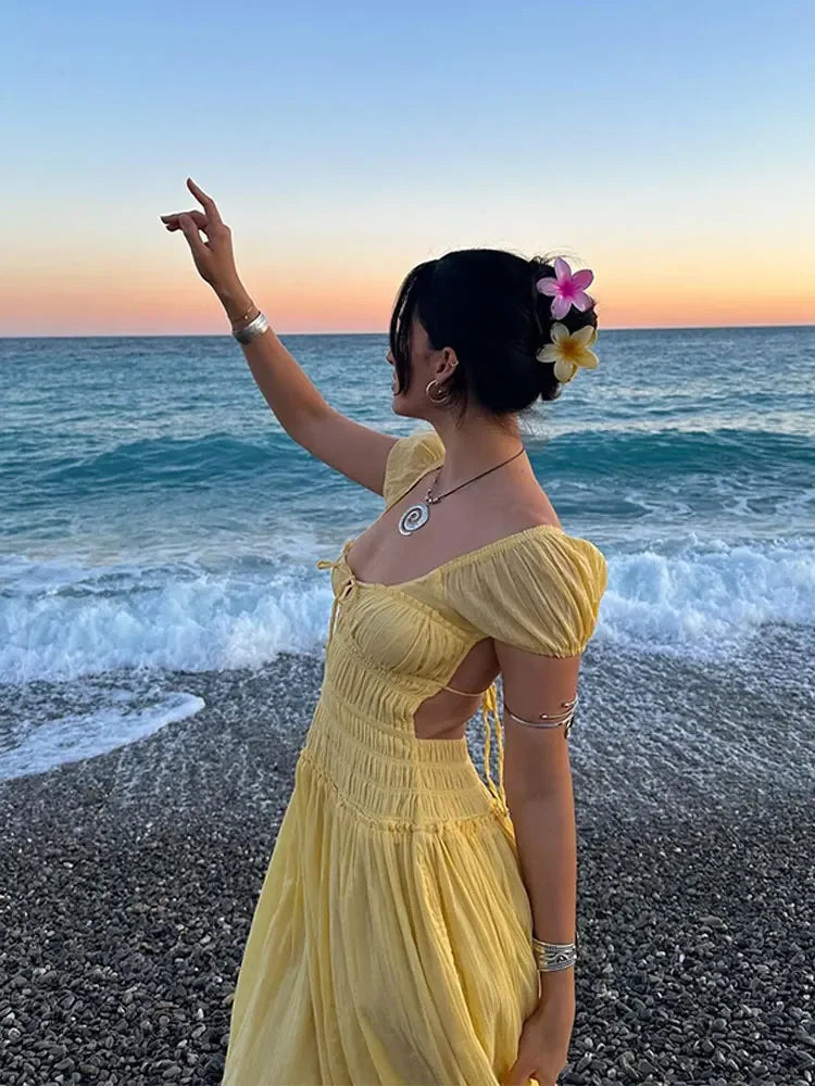 Summer Vacation Elegant Backless Square Neck Long Dress Sexy Lace Up High Waist Slim Dresses Lady Holiday Beachwear