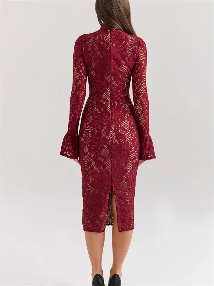 V - Neck Hollow Out Long Sleeve Black Lace Maxi Dress