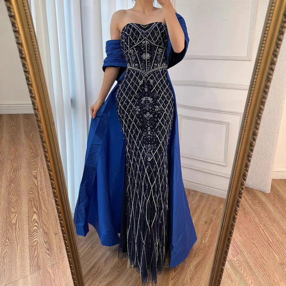 Zapdress Nude Strapless Off Shoulder Mermaid Overskirt Evening Dress Beaded Party Gowns for Women 2025 Customized (ZD17226) - VelvetHem