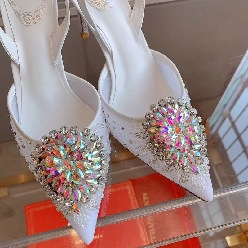 Luxury Diamond Pearls Lace Mesh Women Pumps Elegant Pointed toe Thin High heels Fashion Summer Slingbacks Wedding Party Shoes - View 6 | VelvetHem
