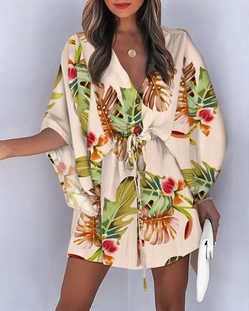 Casual Flora Print Batwing Sleeve LaceUp Dress