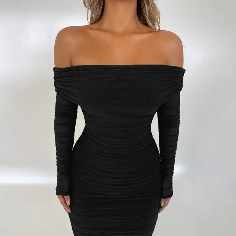 Off - shoulder Slash Neck Solid Maxi Dress