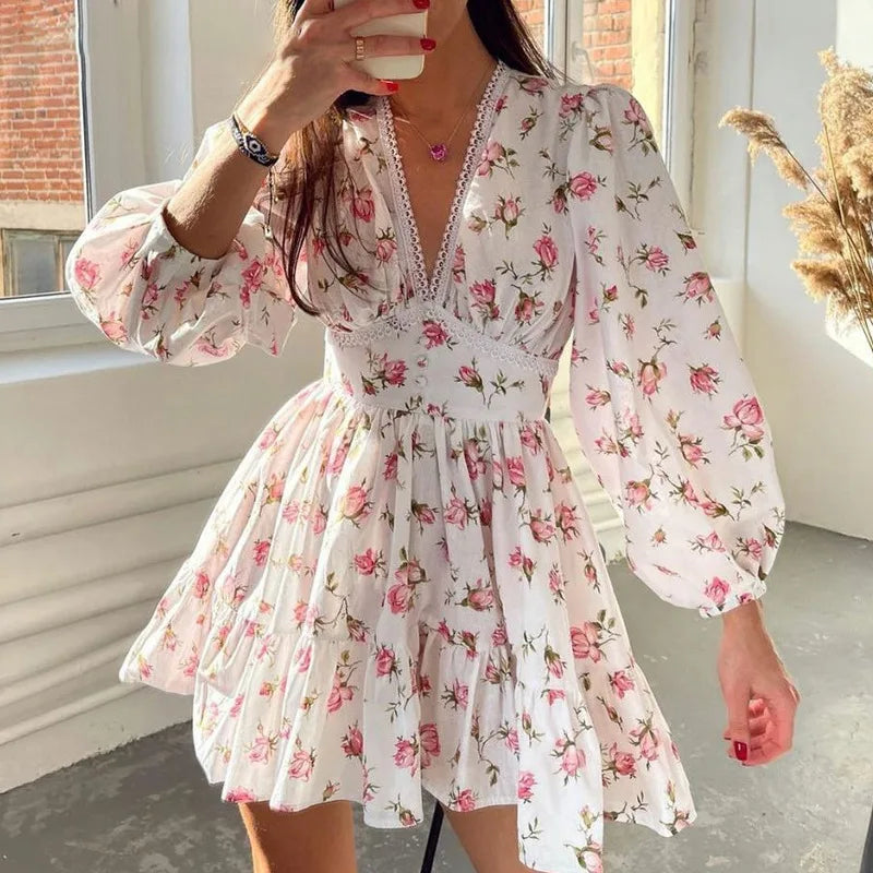 V-neck Lace Edge Midi Floral Dress - VelvetHem