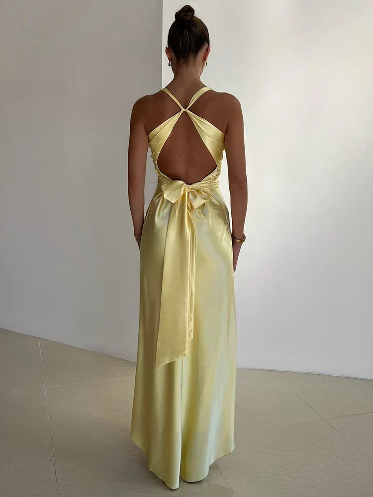 V Neck Sleeveless Satin Bow Backless Maxi Dress