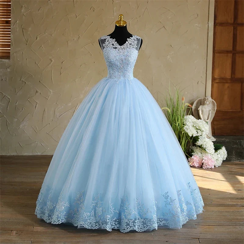 Spring New Sky Blue Quinceanera Dresses Sleeveless V-neck For Party Sweet Ball Gown Lace Appliques Prom Dress Customize Vestido (ZD17290) - VelvetHem