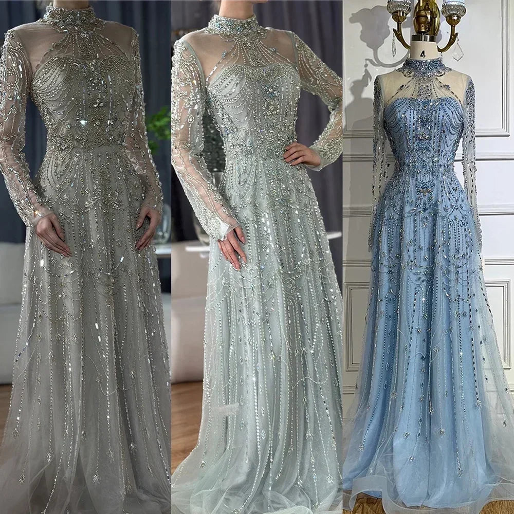 Zapdress Caramel A-Line Long Sleeves Muslim Evening Gowns Luxury Beaded Party Dress for Women 2025 Customized (ZD17270)