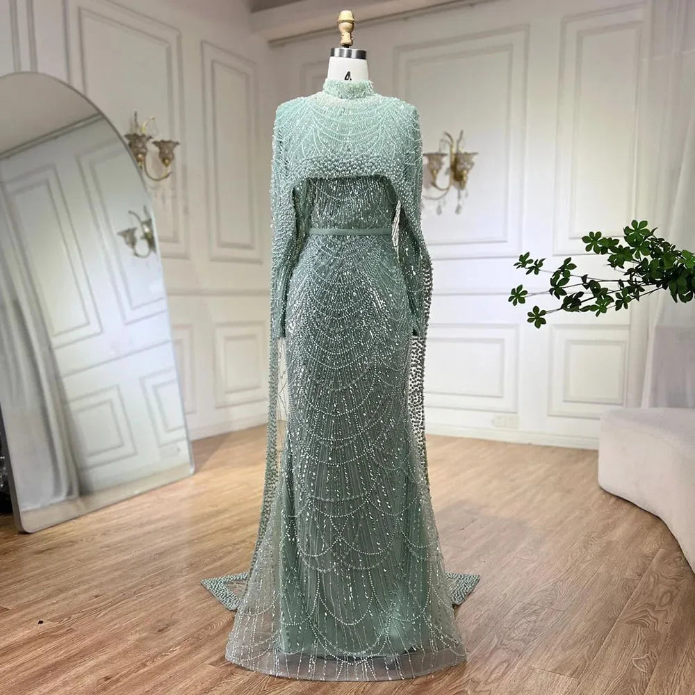 Zapdress Customized Muslim Hijab Sage Green Long Sleeves Evening Dresses with Cape Dubai 2024 Party Gowns For Women LA72032M (ZD17199)