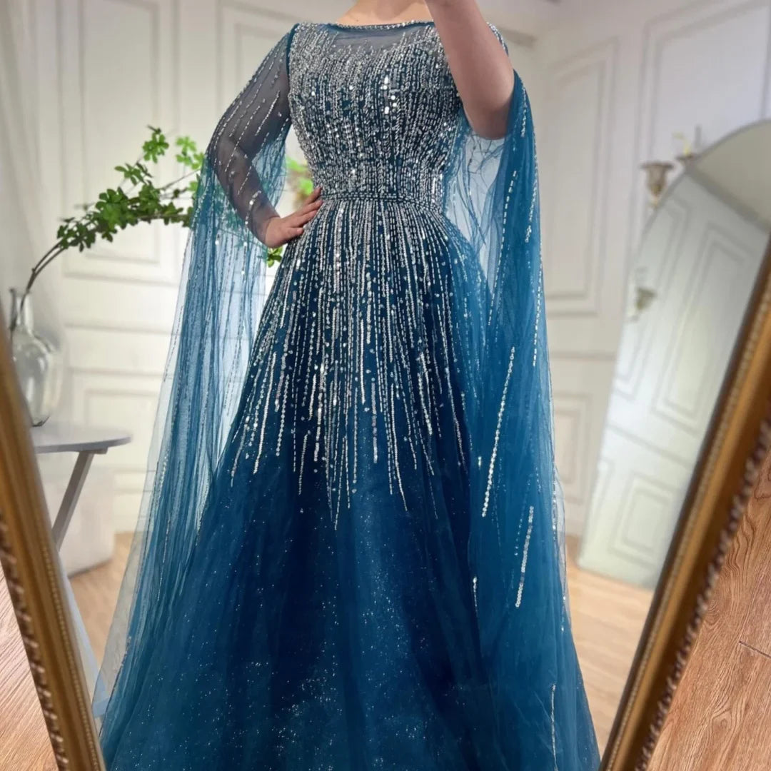 Zapdress Blue Cape Sleeves A-Line Beaded Evening Dresses Customized Party Gowns for Women DLA72248A (ZD17176)