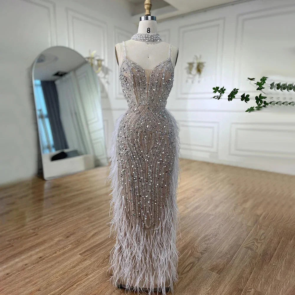 Zapdress Customized White Nude Mermaid Beaded Feather Evening Gowns 2026 Wedding Party Prom Dresses For Women (ZD17271) - VelvetHem
