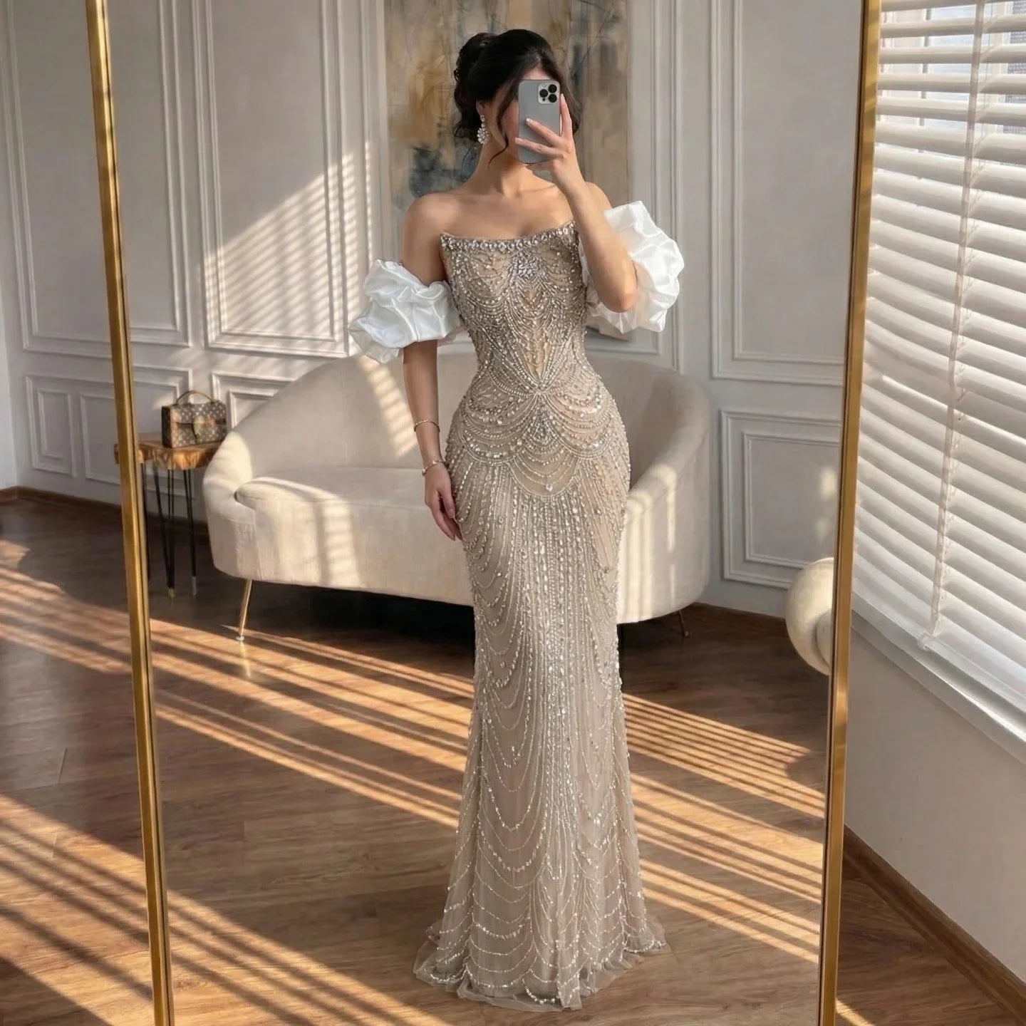 Luxury Beaded Evening Dresses with Elegant Puff Sleeves Pearl Beaded Adorned Design Zapdress DLA72903 Customized (ZD17265)