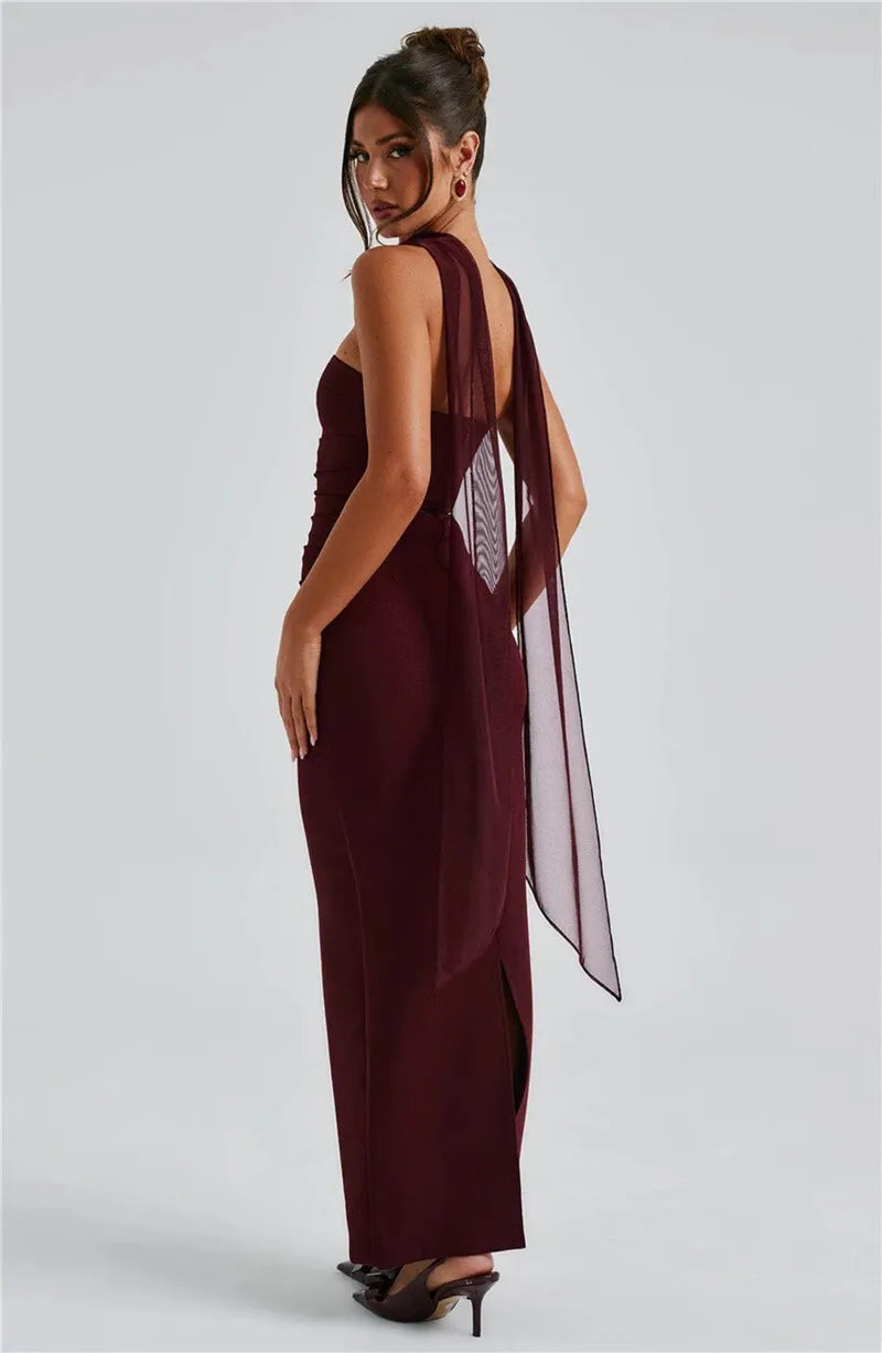 Scarf Collar Strapless Off - shoulder Long Dress