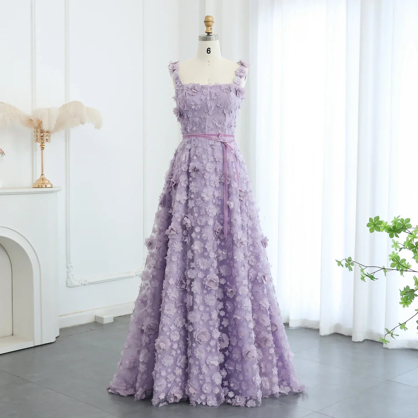 Lilac 3D Embroidered Flowers High Slit Evening Dress
