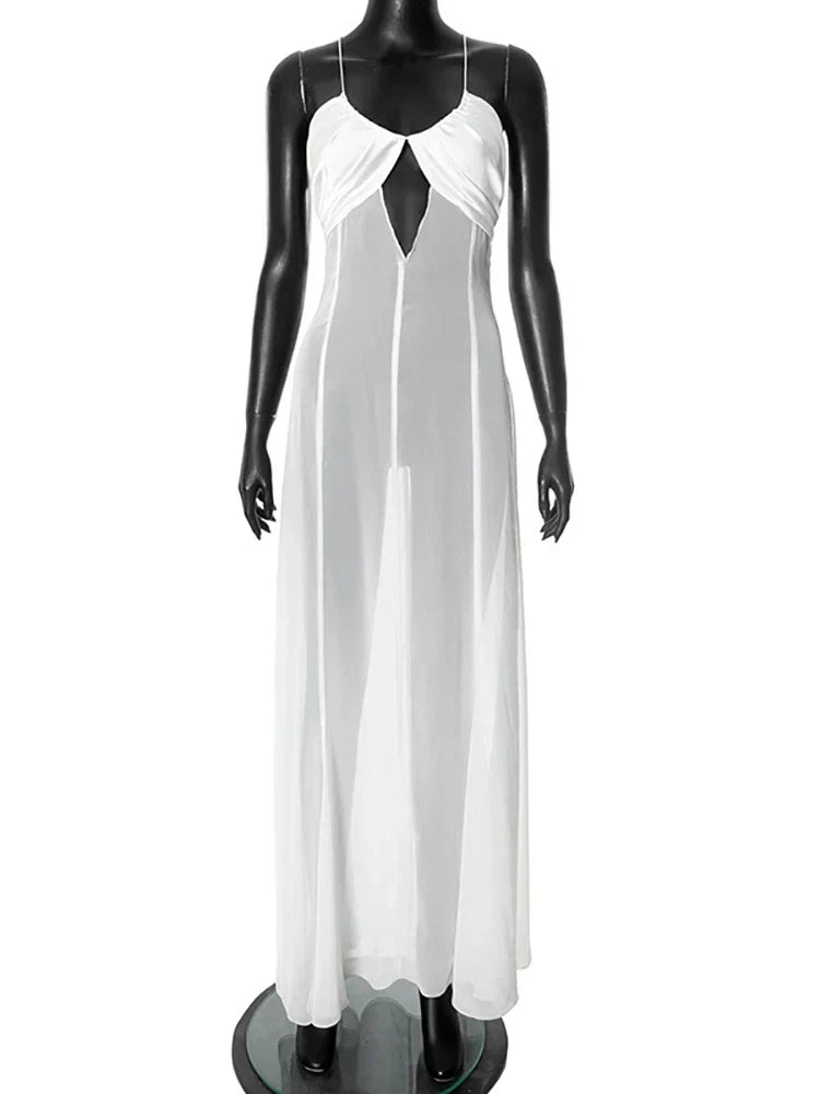 Mesh White Spaghetti Strap Hollow Out Dress