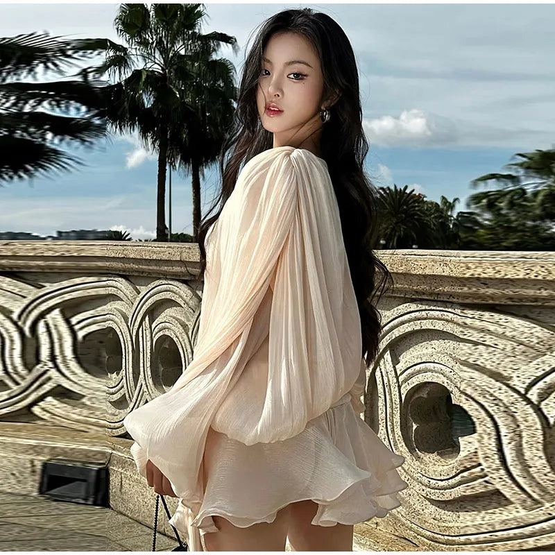 Elegant V - Neck Lace - Up Summer Style Mini Dress