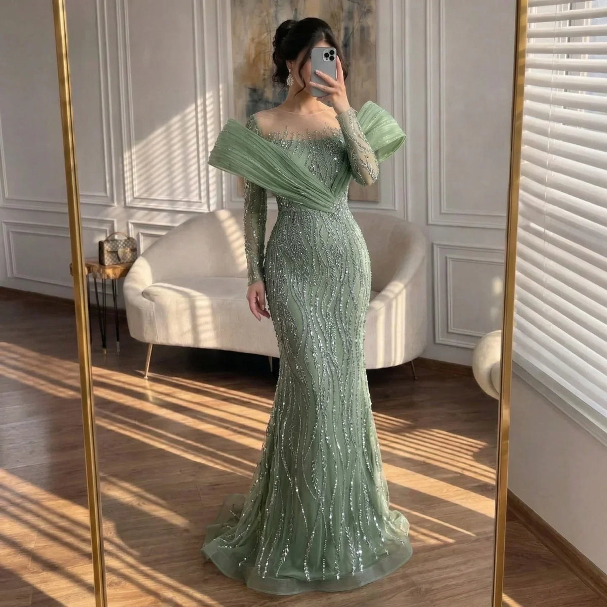 Zapdress Pink Long Sleeves Mermaid Beaded Evening Dresses Elegant Wedding Party Gowns for Women Customized (ZD17195) - VelvetHem