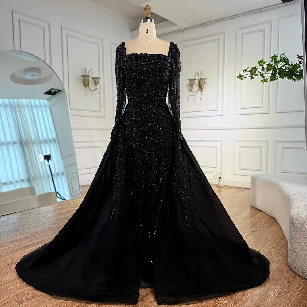 Zapdress Customized Wine red Long Sleeves Mermaid Beaded Evening Dresses with Overskirt Party Gowns for Women (ZD17206)