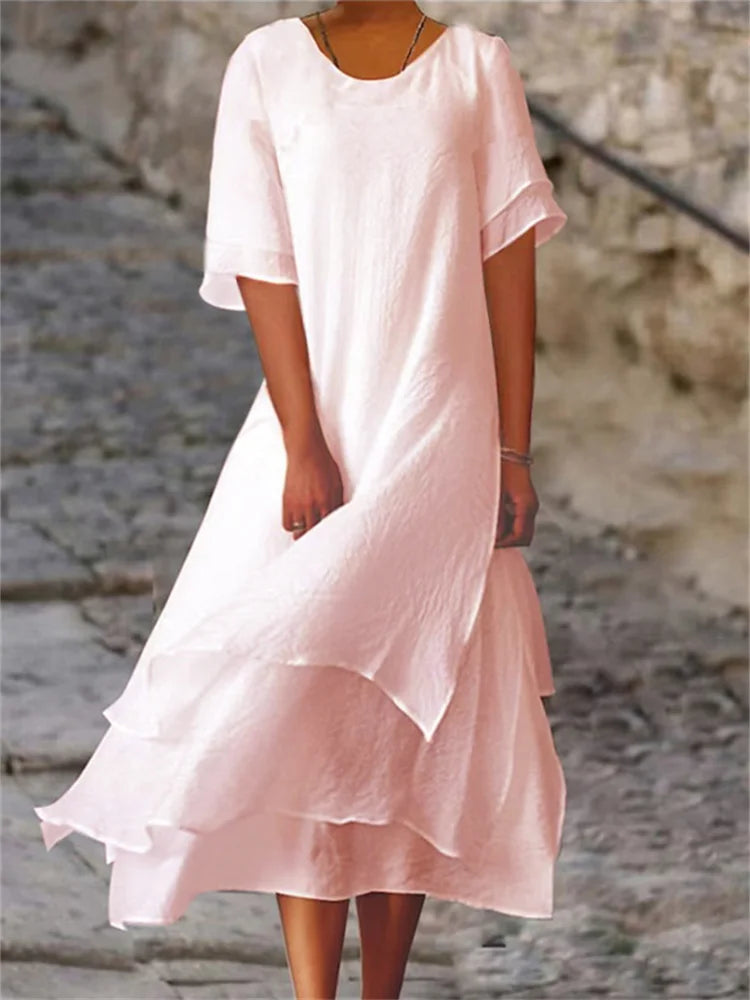 Eva Effortless Double Layered Slit Short Sleeved Dress with Round Neck Statement Occasion Edit