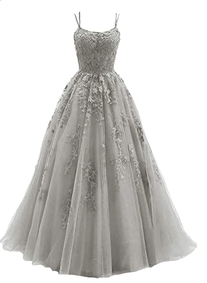 Silver spaghetti strap prom dress, long tulle lace appliquéd women's party dress