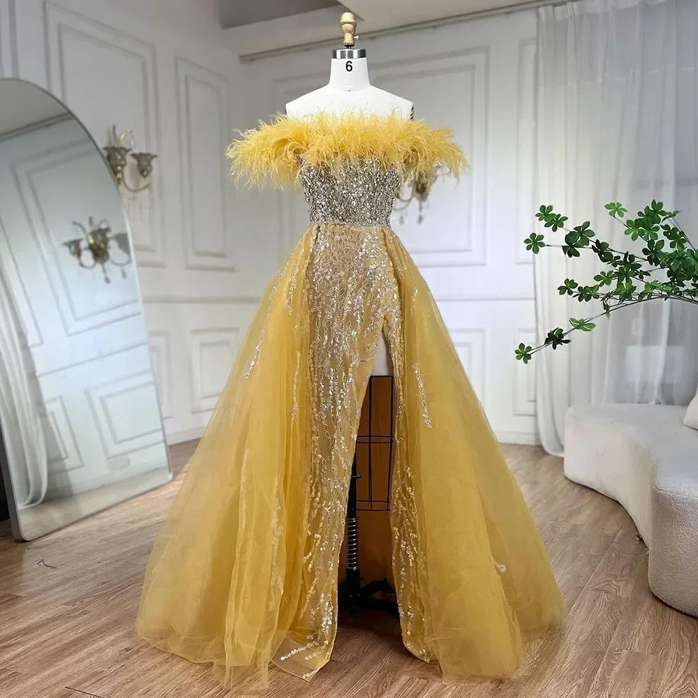 Zapdress Yellow Feathers Beaded Mermaid Evening Dresses with Overskirt Side Slit Party Gowns for Women DLA72061 Customized (ZD17213) - VelvetHem