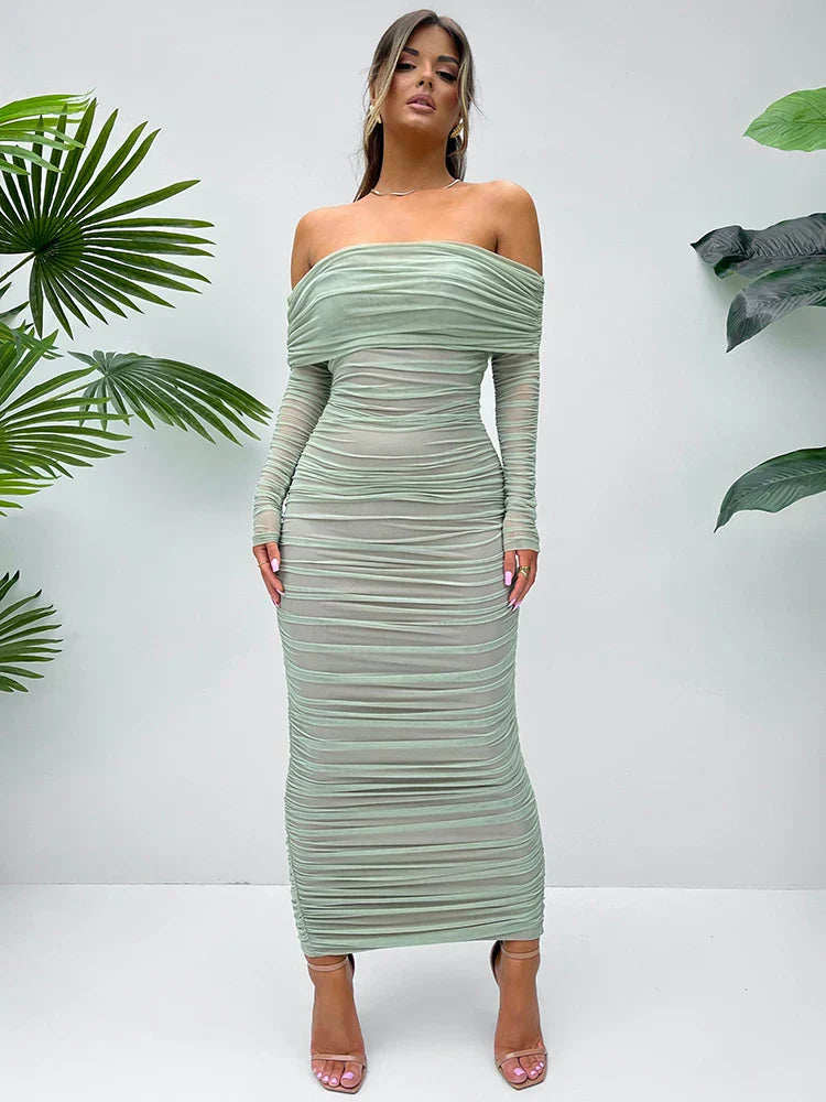 Off - shoulder Slash Neck Solid Maxi Dress