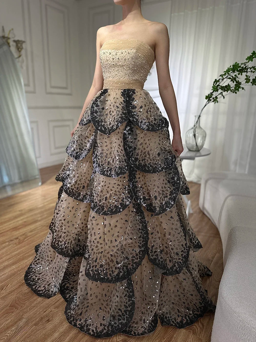 Zapdress Customized 2025 Black Nude Strapless Evening Prom Dresses Sequined Tiered A-line Party Gowns for Women DLA72505A (ZD17188)