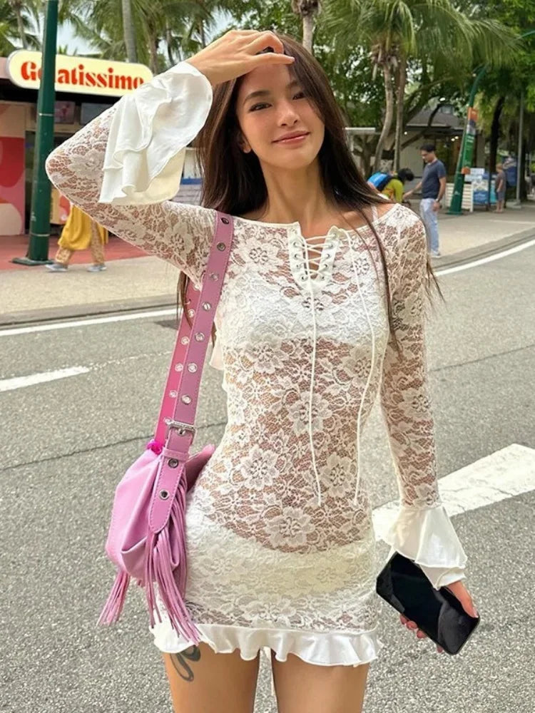 Long Sleeve Streetwear White Lace Dress For Women Slash Neck Outfits See Through Fashions Vestidos Elegantes Para Mujer Ruffles