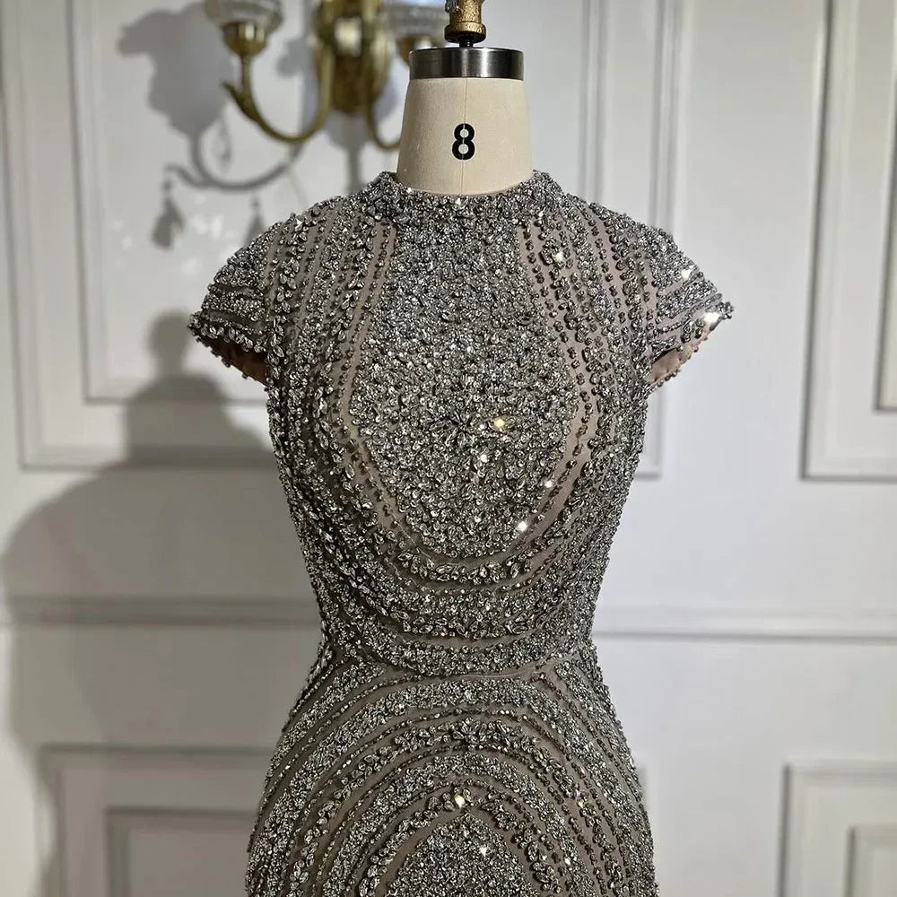 Zapdress Gray Nude Cap Sleeves Mermaid Beaded Luxury Evening Dresses Formal Party Gowns for Women DLA72344 Customized (ZD17204)