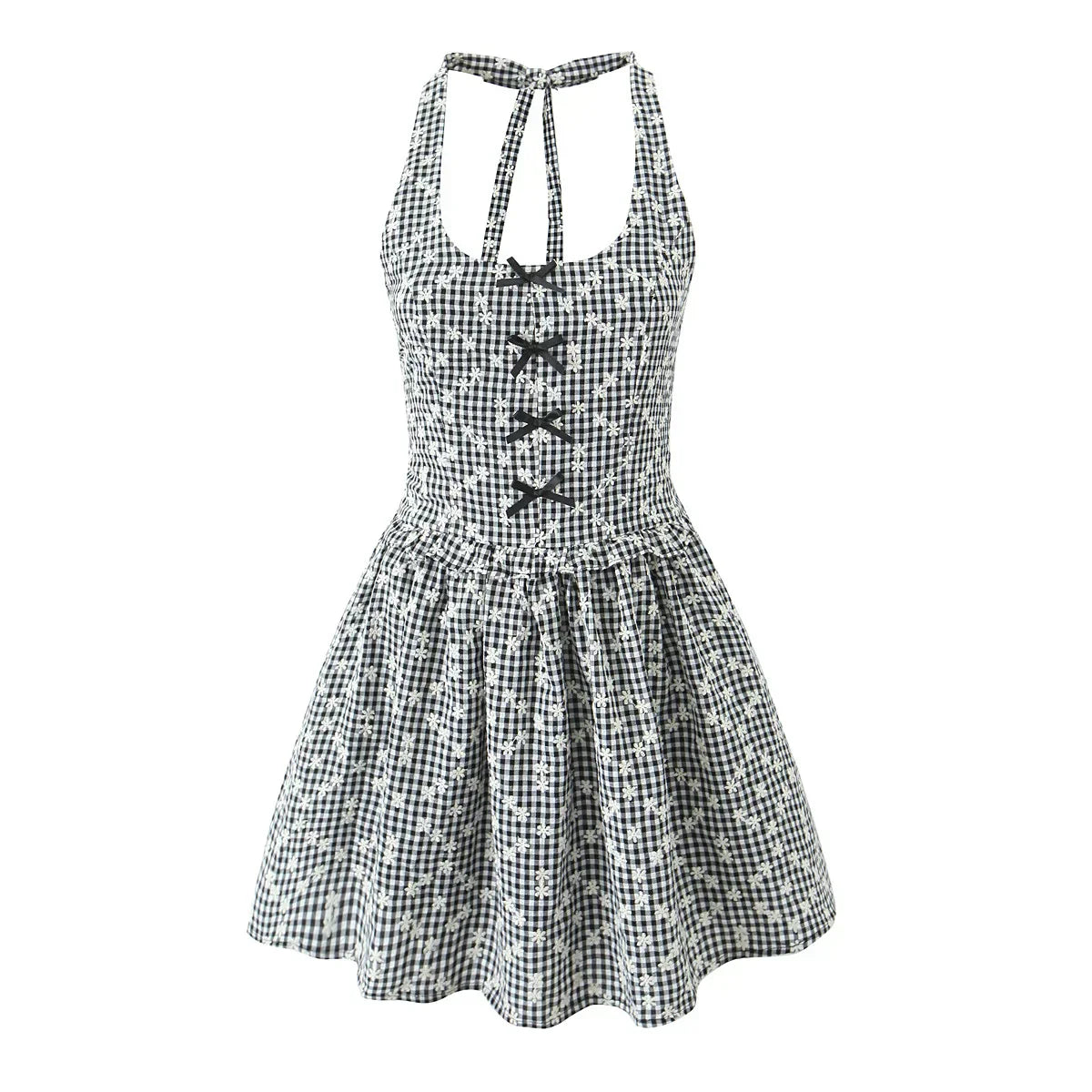 Gray Embroidery White Flower Bow Halter Mini Dress