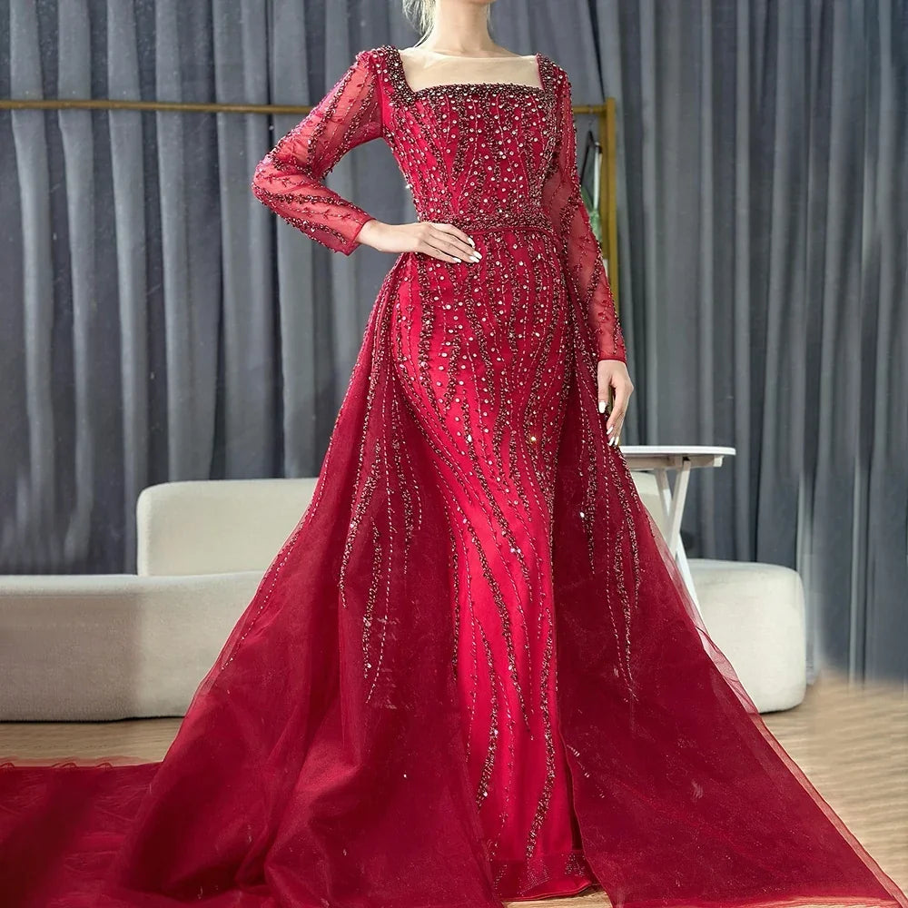Zapdress Customized Wine red Long Sleeves Mermaid Beaded Evening Dresses with Overskirt Party Gowns for Women (ZD17206) - VelvetHem