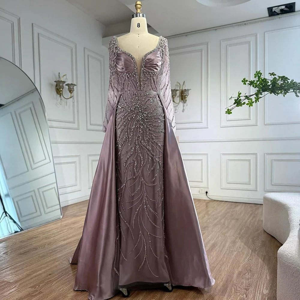 Zapdress Customized 2026 High-end Beaded Blue Long Sleeves Evening Dress with Overskirt Satin Party Gowns for Women (ZD17332) - VelvetHem