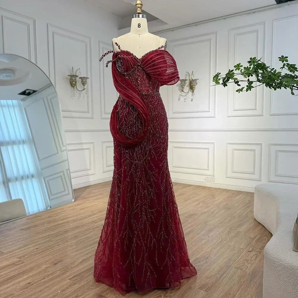 Zapdress Wine Red Mermaid One Shoulder Beaded Cut Out Evening Dresses Classic Party Gowns for Women DLA72455 Customized (ZD17246) - VelvetHem