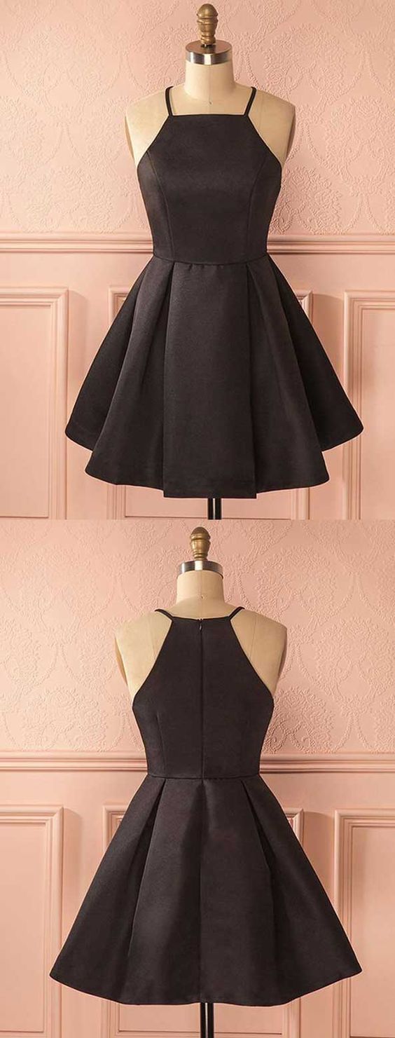 A-Line Square Neck Short Satin Black Homecoming Dress with Pleats S414 - VelvetHem
