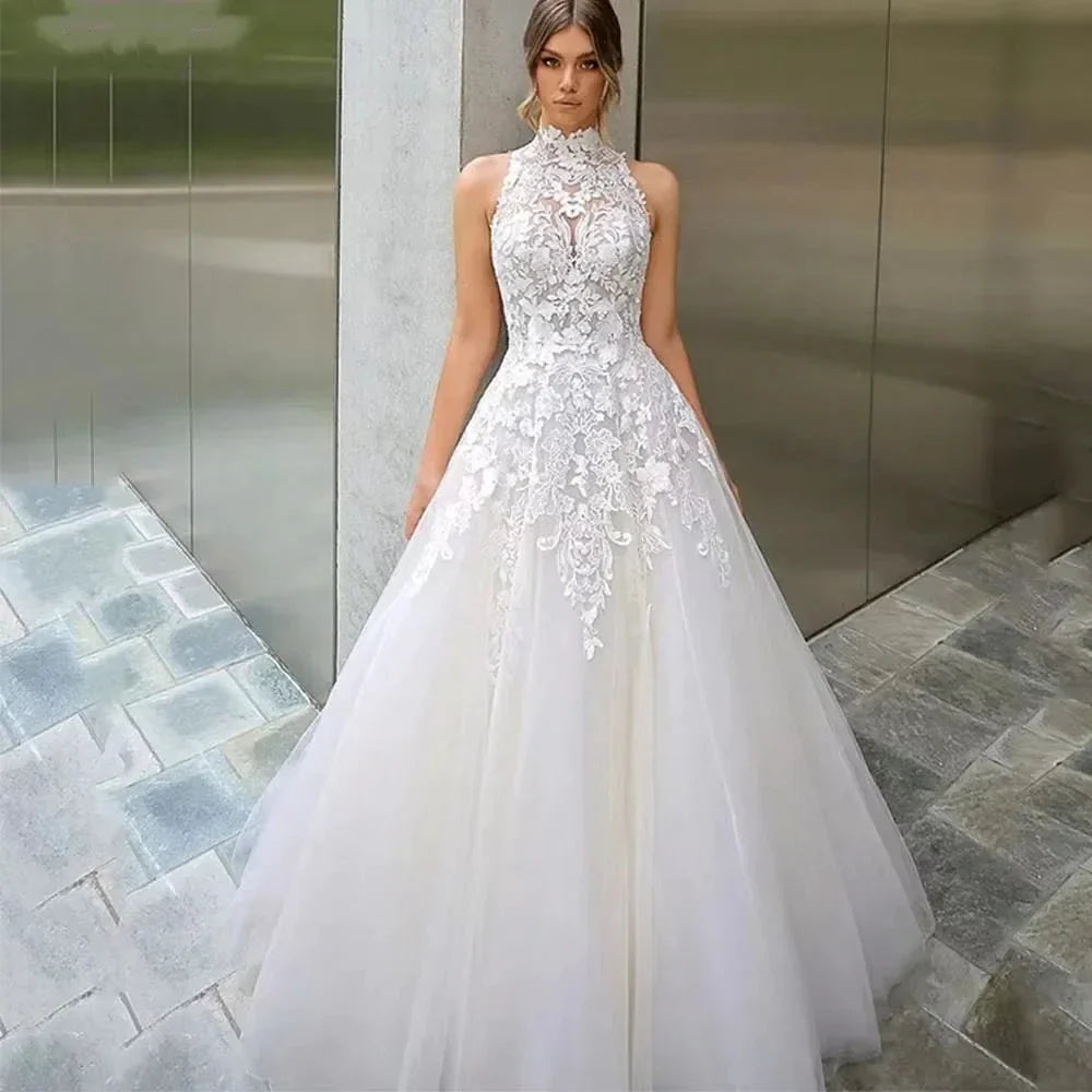 High Neck Vestidos De Novia Appliques Vestido De Noiva Sleeveless Wedding Dresses Lace Robe De Mariée (ZD14051)