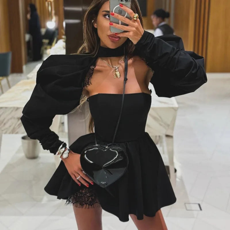 Puff Long - sleeved Black Mini Dress