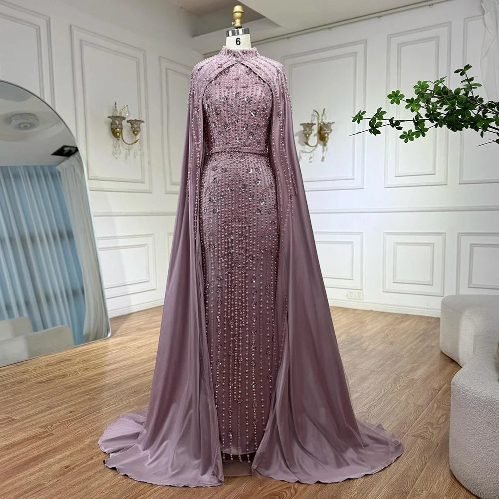 Zapdress Pink Long Sleeves High Neck Muslim Mermaid Beaded Evening Party Gown Dress with Cape for Women DLA72533 Customized (ZD17194)