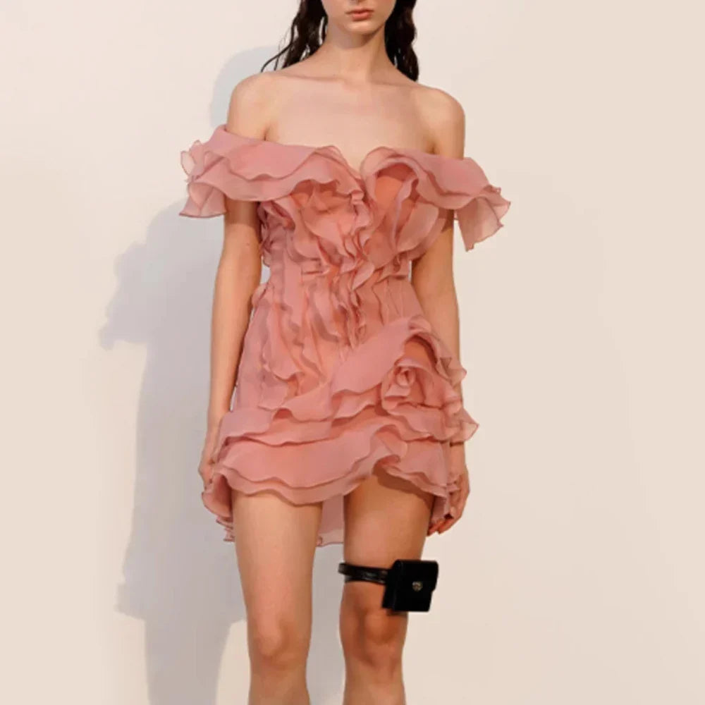 Slash Neck Ruffle Spliced Floral Dress - VelvetHem