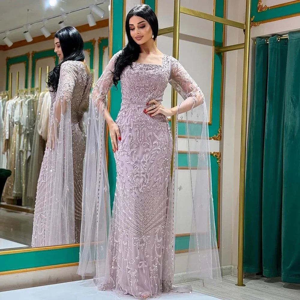 Zapdress 2026 Dubai Pink Mermaid Long Evening Dress with Beaded Cape Gown for Wedding Occasion DLA72400A Customized (ZD17244) - VelvetHem