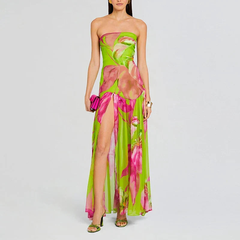 Printed Strapless Pleated Midi Dress - VelvetHem