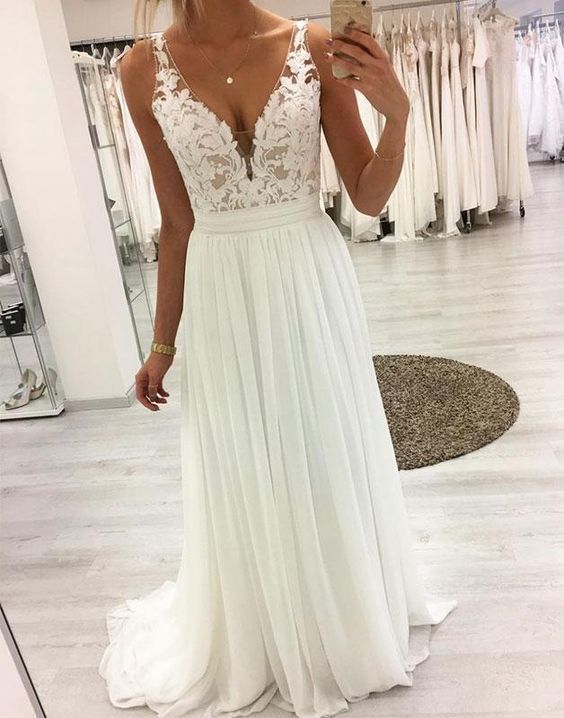 White v neck lace chiffon long prom dress white lace evening dress S4622 - VelvetHem