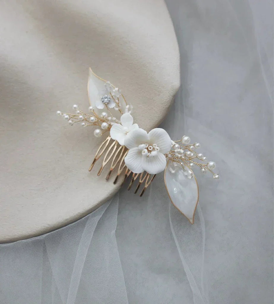 Bridal Jewelry Porcelain Flower Hairpin Gold Color Head Piece For Bridesmaids Bride Pearl Hair Comb Pin Clip Wedding Accessories