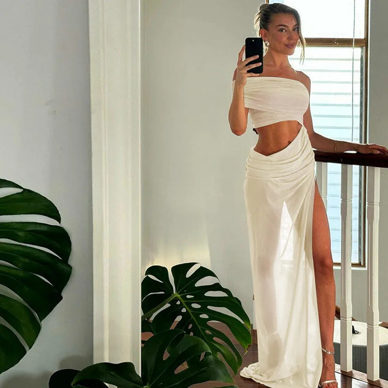 Mesh Backless One - Shoulder Long Dress